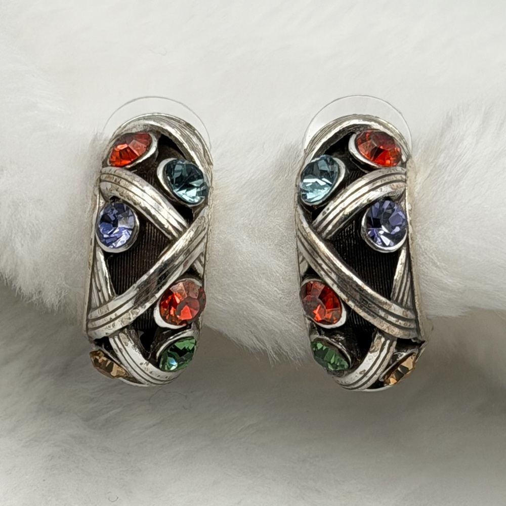 Vintage Brighton ‘Trust Your Journey’ Silver Tone Multi Crystal Hoop Earrings